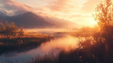 Naklejka premium Beautiful sunrise over serene landscape with river, mountains, and lush trees, bathed in warm golden light.