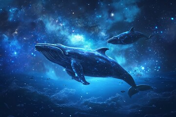Fototapeta premium A Painting of Two Humpback Whales Swimming in the Ocean, Surrealistic scene of whales floating in a starry sky, nestled in the heart of the ocean, AI Generated