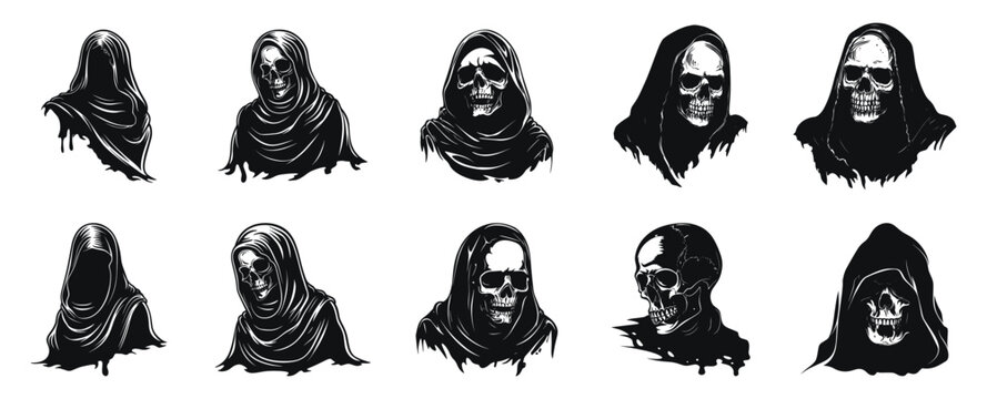 Hooded skeletons with eerie expressions, vector silhouette illustration. Set of hooded grim reaper death figures in various poses, ideal for Halloween and horror themes.
