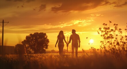 Fototapeta premium Couple walking hand in hand through a golden field at sunset, with a picturesque sky and warm hues creating a romantic ambiance.