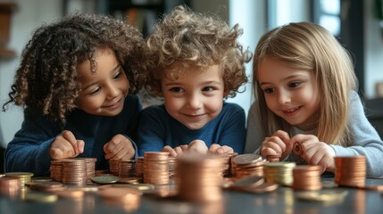 Naklejka premium Happy children smiling and playing with stacks of coins, representing saving money and financial education. Bright, cheerful atmosphere.