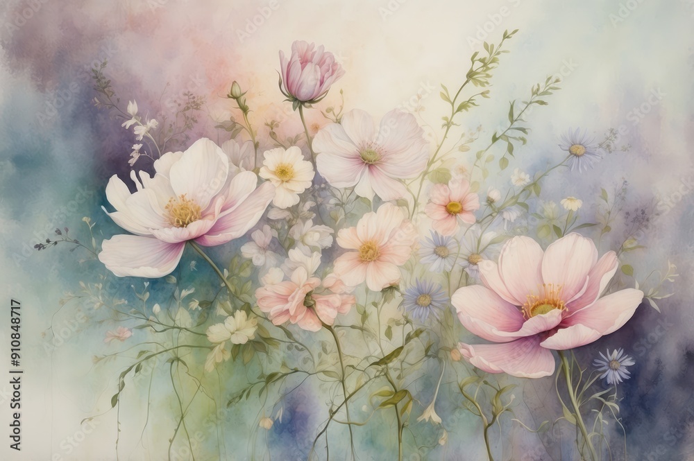 Wall mural ethereal watercolor floral painting
