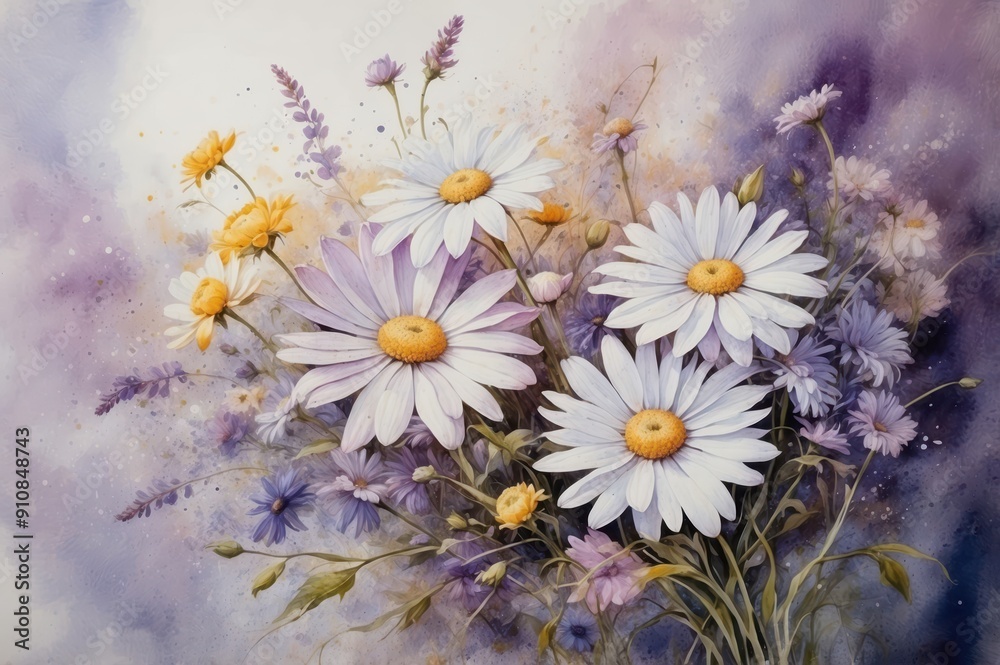 Poster delicate watercolor daisies and asters painting