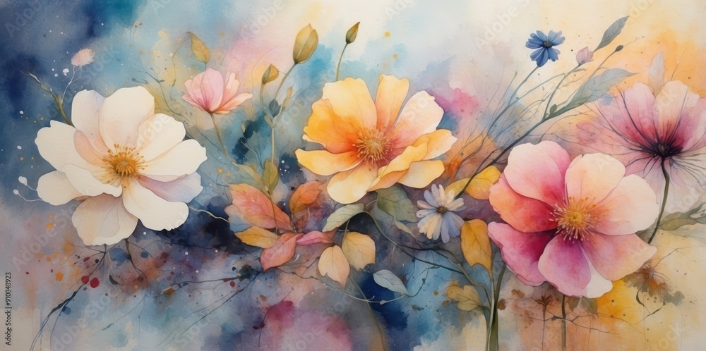 Wall mural vibrant watercolor floral painting
