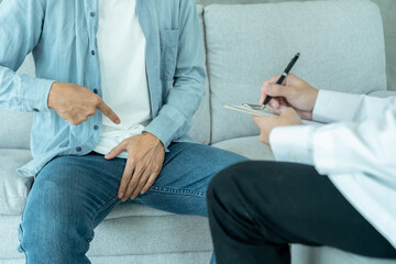 Man hold hand in front of private parts feeling discomfort and consult doctor. Venereal, testicular...