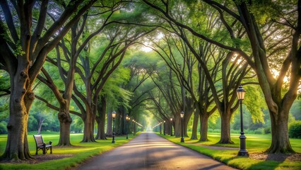 Obraz premium Boundless Potential: A City Park Path Under a Canopy of Trees generative AI
