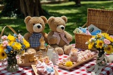 Two teddy bears are sitting side by side on a wooden picnic table, Teddy bears picnic birthday party with checkered blankets, AI Generated