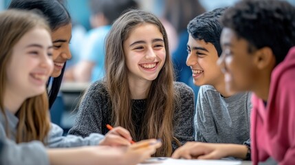 Teenage Friends Sharing a Laugh in a School Cafeteria