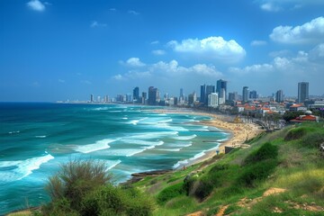 Naklejka premium A View of a Beach With a City in the Background, Tel Aviv cityscape along the Mediterranean coastline, AI Generated