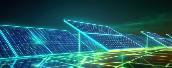 Futuristic solar panel energy concept with glowing technology interface.