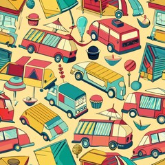 seamless pattern of ice cream trucks and cart