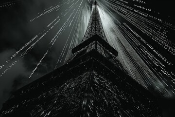 This black and white photograph showcases the iconic Eiffel Tower in all its architectural grandeur, The Eiffel tower designed with a series of binary code, AI Generated