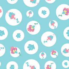 Abstract flowers and bubbles pattern design on blue background