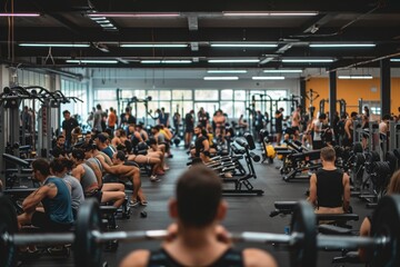 Fototapeta premium A diverse group of individuals engaging in various workout activities at a modern gym, The interior of a packed gym in peak hours, AI Generated