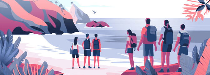 Hikers enjoying scenic coastal view group of people with backpacks standing on beach admiring ocean mountains tropical plants colorful landscape