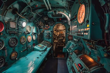 Inside of an Airplane With Multiple Gauges, The interior of a submarine, showcasing intricate controls and machinery, AI Generated