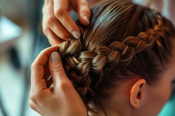 Naklejka premium Two women sitting closely as one woman meticulously braids the other womans hair, The intricate steps of a professional braiding a client's hair, AI Generated