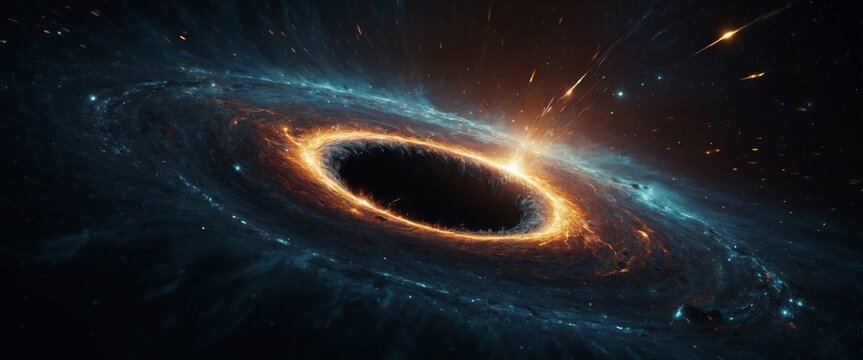 Abstract space wallpaper showing a black hole with star fields, resembling the letter 'O' and emitting sparks of light.