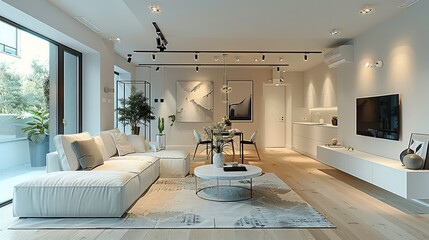 The black track lights are connected to the dining room in a bright and clean living room. Generative AI.