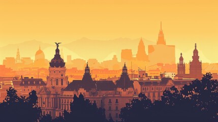Fototapeta premium Minimalism illustration, silhouette of the Madrid skyline with Royal Palace and Gran Via, flat illustration on pastel orange background, empty copy space, lofi style illustration 