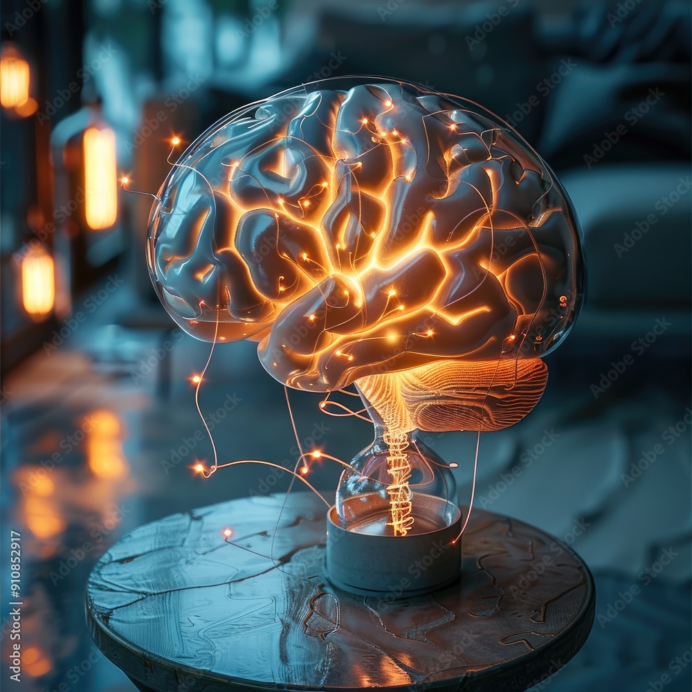 Poster A brain with glowing ideas around it. Generative AI.