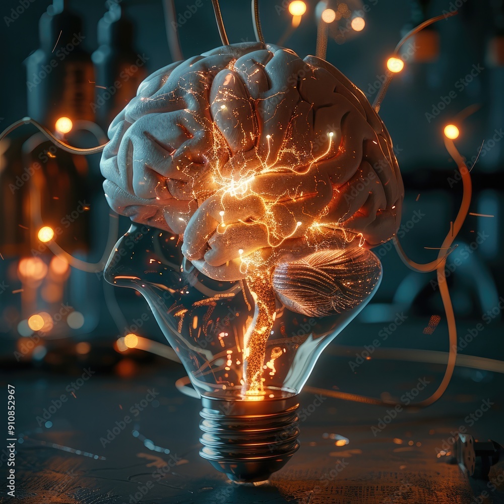 Aufkleber A brain with glowing ideas around it. Generative AI.