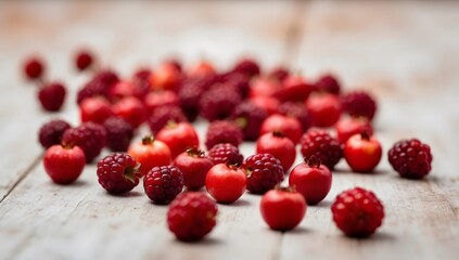 Background close-up image of red berries scattered on a white background. The red berries are plump and juicy, with a soft, velvety texture.