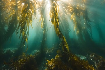 Fototapeta premium Sunlight Filters Through Water on Seaweed, The ocean floor punctuated with towering kelp forests that stretch towards the light, AI Generated