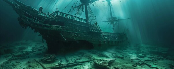 Underwater Sunken Pirate Ship, 4K hyperrealistic photo