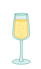 Glass of champagne with bubbles. Yellow drink in a glass. Cartoon, vector