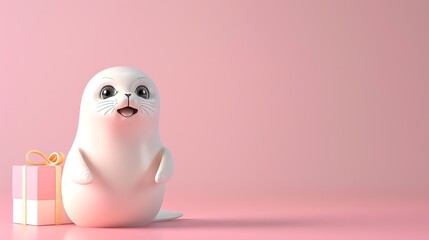 A cartoon seal sitting next to a gift.