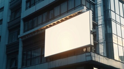 Fototapeta premium Blank billboard on the facade of modern building. Outdoor billboard template