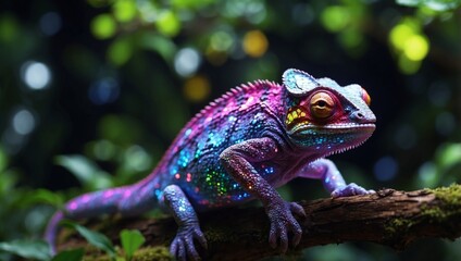 Fototapeta premium Holographic Chameleon A Luminous Display of Futuristic Technology and Natures Adaptive Color Play.