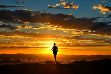 A person jogging energetically through a vast field as the golden sun sets in the background, The silhouette of a runner against a stunning sunrise, AI Generated