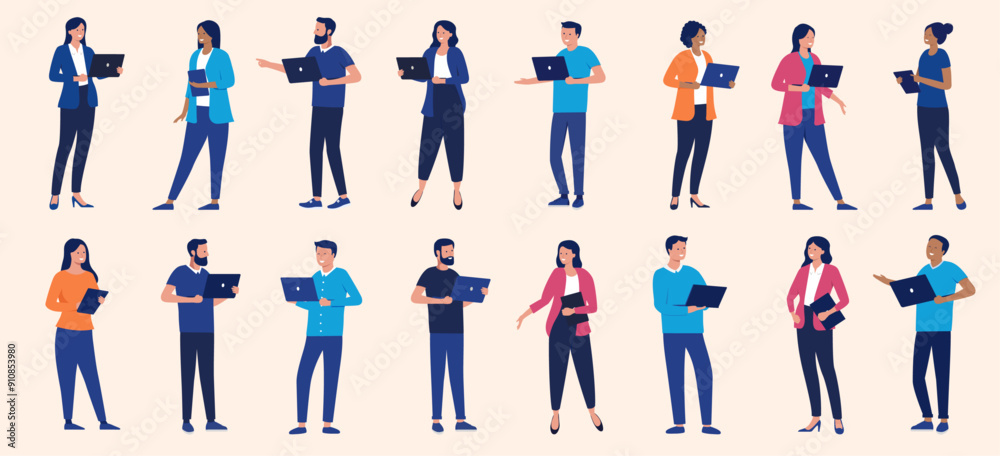 Fototapete people with laptops vector collection - set of businesspeople characters holding computers in hand, 