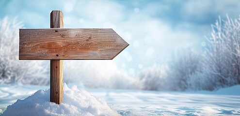Snow Covered Wooden Arrow Sign, Wooden Signpost in Winter Scene