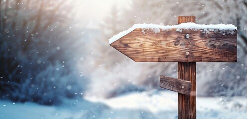 Snow Covered Wooden Arrow Sign, Wooden Signpost in Winter Scene
