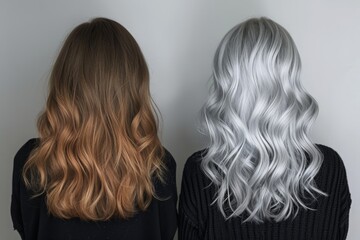 Fototapeta premium Two women, one with grey hair and the other with blonde hair, standing side by side, The slow transformation of brunette to shiny silver hair through dye, AI Generated