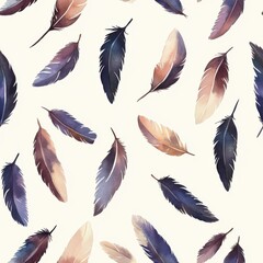 Watercolor dove feathers on light cream backdrop seamless repeating pattern, minimal pattern, high contrasty