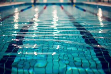 Obraz premium A photograph of a spacious swimming pool with a handful of individuals enjoying a swim on a sunny day, The tranquility of a swimming pool ready for laps, AI Generated