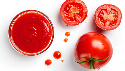 Red tomato sauce or ketchup isolated on white background. Top view. Flat lay