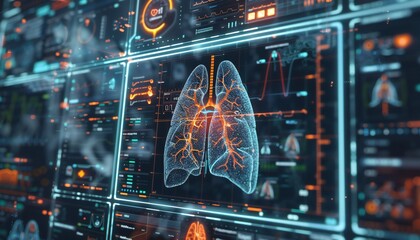 Numerous indicators of lung health and data analysis results are visualized on the medical AI interface