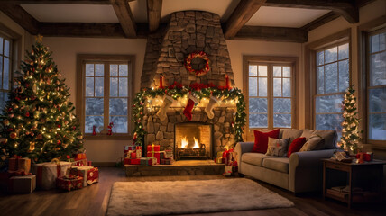 Fototapeta premium christmas tree in front of fireplace