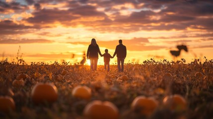Family Silhouette at Sunset in a Pumpkin Patch
