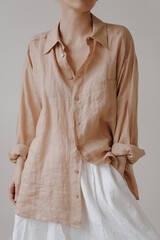 Chic, casual look with a pastel beige, loose-fitting linen button-up shirt and high-waisted white...