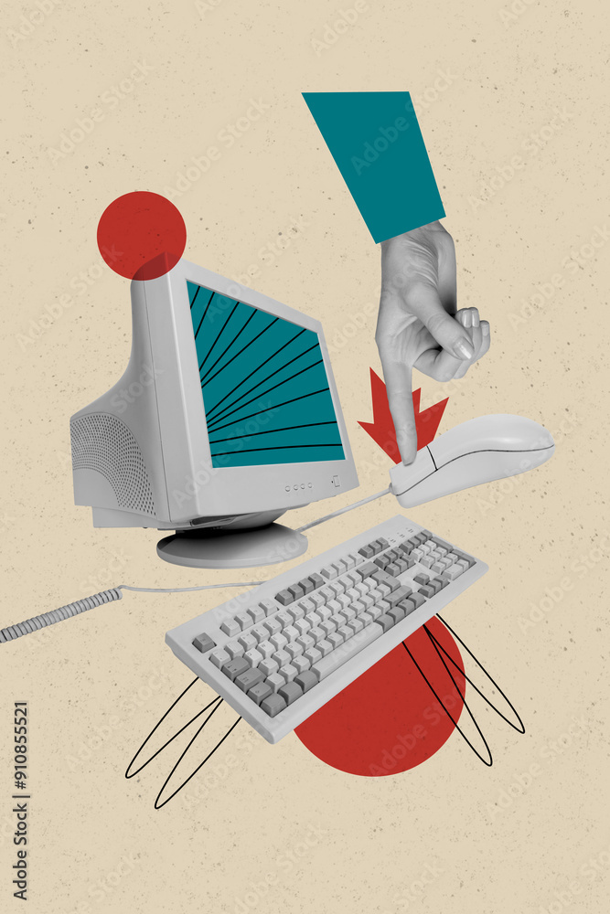 Fototapete vertical collage image human hand body fragment press mouse button click computer equipment drawing 