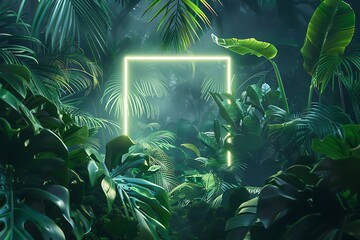 Glowing neon rectangle framed by lush tropical foliage.