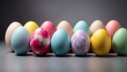 Obraz premium Row of colorful easter eggs on grey background.