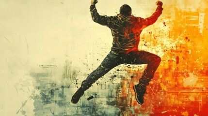 Poster collage with a lively man jumping up and raising his fist, isolated on a dynamic and creative drawing background