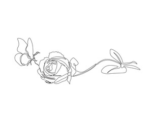 Continuous one line drawing of rose and butterfly land it. One line drawing illustration of butterfly flying and rose. Mutualistic symbiosis concept line art. Editable outline.
